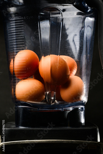 Closeup of whole brown eggs piled in a high speed blender against a black background photo