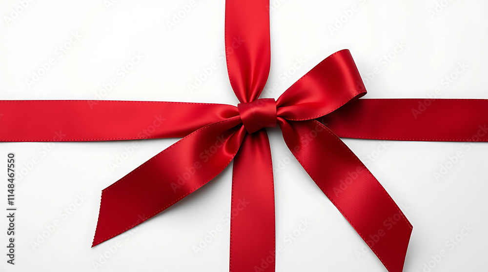 Red satin ribbon, glossy bow, gift wrapping, festive decoration Red satin ribbon, glossy bow, gift wrapping, festive decoration