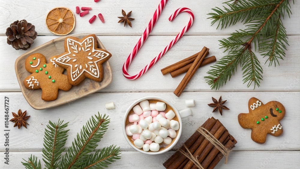 Festive Flat Lay of Christmas Cookies and Hot Cocoa Festive Flat Lay of Christmas Cookies and Hot Cocoa