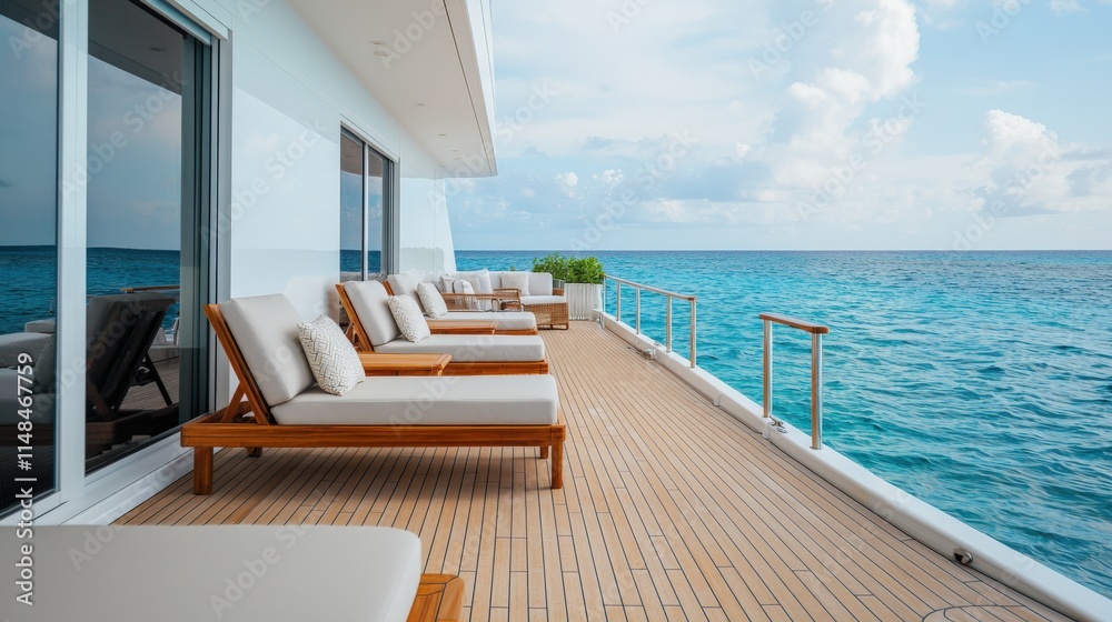 Fototapeta premium Modern Yacht Deck Overlooking Serene Ocean Waters