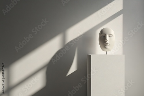 White sculptural face on a pedestal illuminated by natural light in a minimalist setting photo