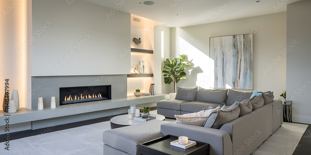 Fototapeta premium of a contemporary living room with a sleek fireplace, a gray sectional sofa, and soft lighting