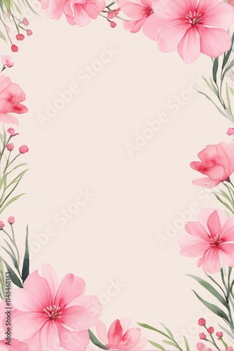 there is a pink flower frame with green leaves and berries