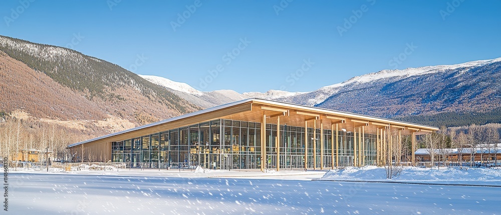 A serene mountain lodge with large panoramic windows, blending harmoniously with its natural surroundings, as snow gently falls onto its wooden beams and sloping roof. A serene mountain lodge with large panoramic windows, blending harmoniously with its natural surroundings, as snow gently falls onto its wooden beams and sloping roof.