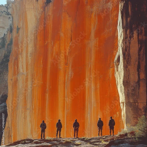 Team of canyoners casting shadows against a vibrant canyon wall photo