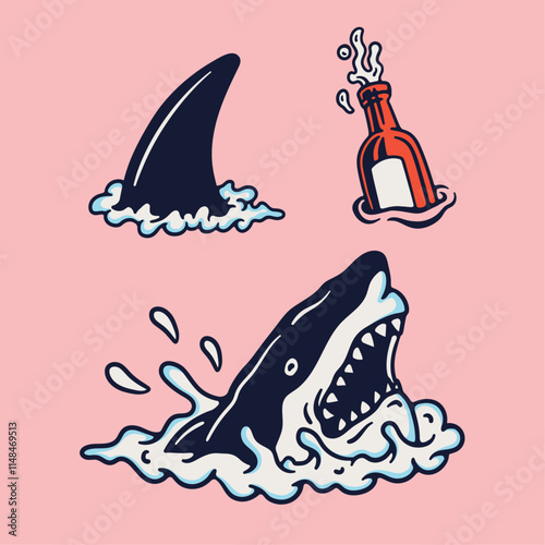 Vintage Summer Shark Head and Fin with Beer Bottle