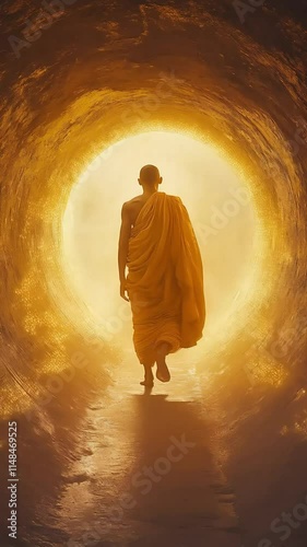 A person walking through a golden portal: Symbolizing hope, spirituality, and the afterlife. photo