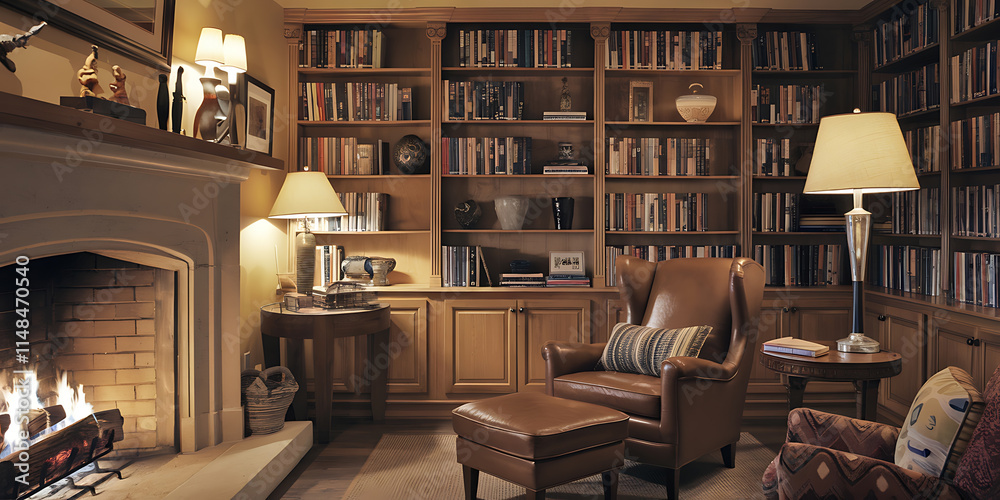 of a cozy library room with a fireplace, a reading chair, and multiple bookshelves of a cozy library room with a fireplace, a reading chair, and multiple bookshelves