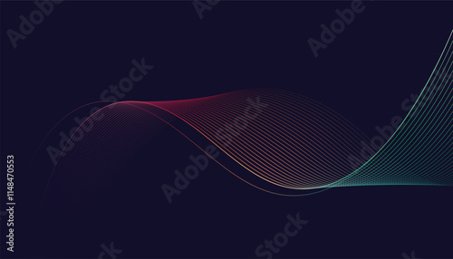 Dark abstract background featuring glowing, flowing wave lines in a modern purple-to-blue gradient. Futuristic design with shiny, smooth motion, perfect for technology-inspired visuals. Vector 