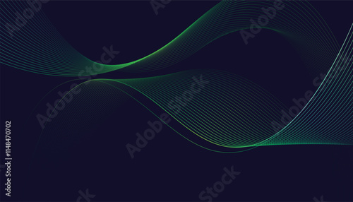 Dark abstract background featuring glowing, flowing wave lines in a modern purple-to-blue gradient. Futuristic design with shiny, smooth motion, perfect for technology-inspired visuals. Vector 