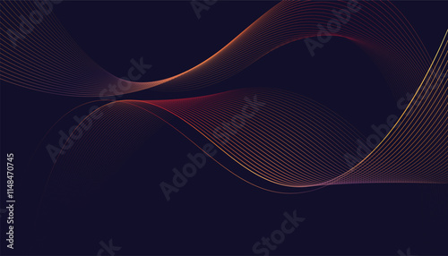 Dark abstract background featuring glowing, flowing wave lines in a modern purple-to-blue gradient. Futuristic design with shiny, smooth motion, perfect for technology-inspired visuals. Vector 