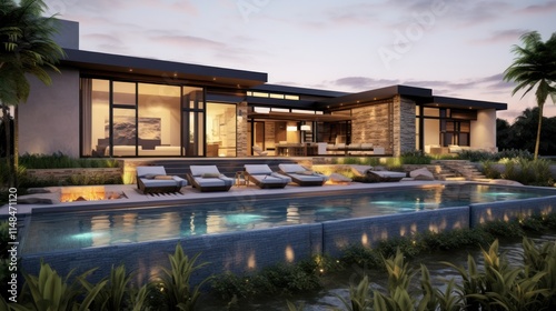 Wallpaper Mural Modern Luxury Home with Pool and Landscaping at Dusk Torontodigital.ca