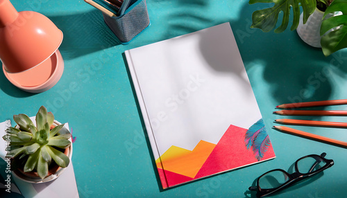 A white magazine cover mock up rests on a stylish terrazzo table, surrounded by colorful geometric cutouts. This creative setup features a plant and art supplies, inviting inspiration