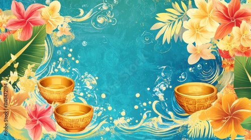 Bright Songkran banner with playful water splashes, tropical flowers, and golden bowls, accented by traditional Thai motifs on a lively background.