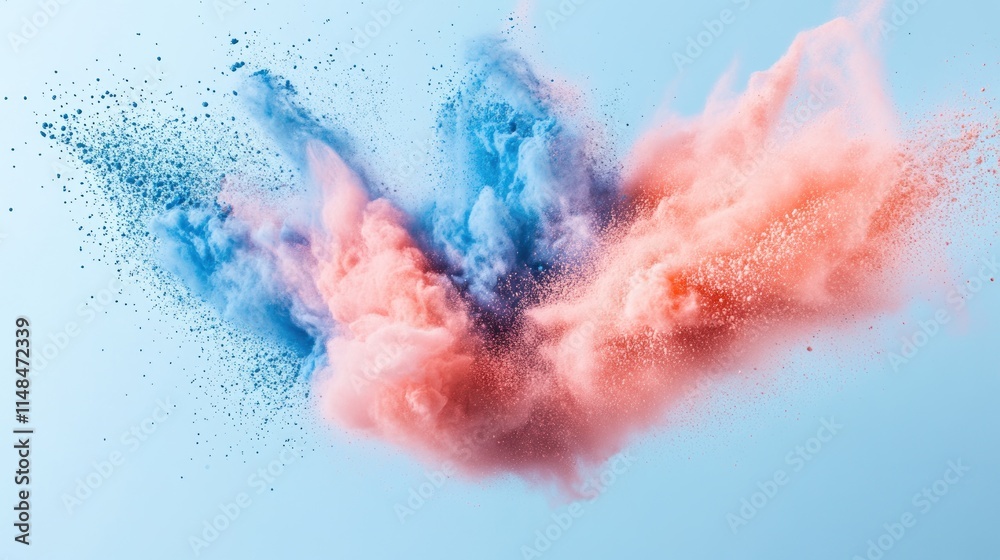 Blue and Pink Powder Explosion Against Light Blue Background Blue and Pink Powder Explosion Against Light Blue Background