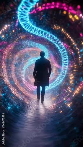 A person walking through a colorful tunnel made of human DNA.