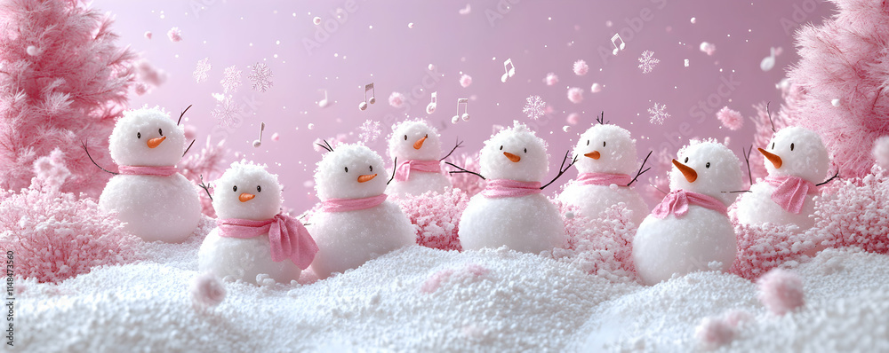 A whimsical scene of cheerful snowmen in a snowy landscape with pink accents. A whimsical scene of cheerful snowmen in a snowy landscape with pink accents.