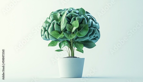 Brainshaped plant growing in a pot, green leaves on a white background, representing cognitive growth and environmental harmony, Generative AI illustration photo