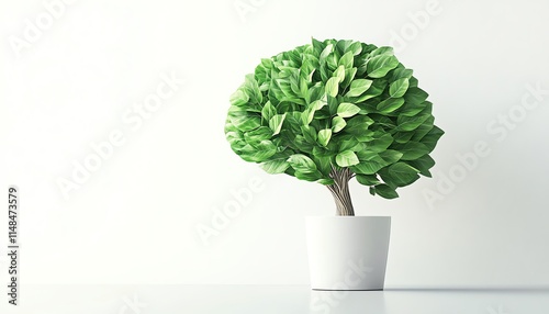 Brainshaped plant growing in a pot, green leaves on a white background, representing cognitive growth and environmental harmony, Generative AI illustration photo