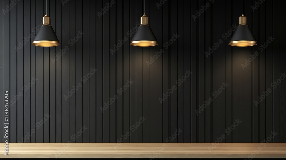 A minimalist interior featuring pendant light, background, elegants over a wood, background, wooden, planken countertop against a dark wall, background, mockup. A minimalist interior featuring pendant light, background, elegants over a wood, background, wooden, planken countertop against a dark wall, background, mockup.