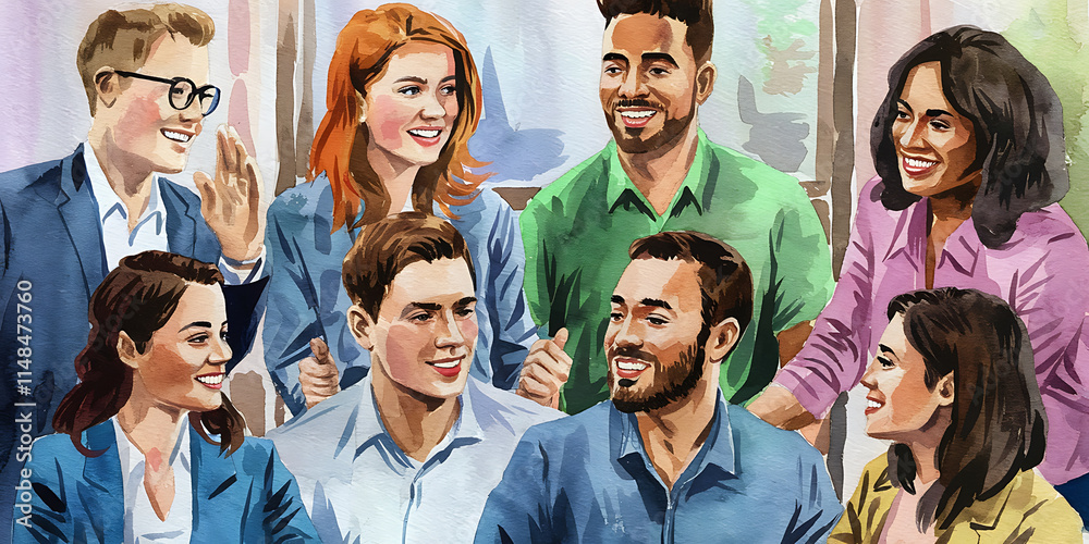 A watercolor painting of a video call meeting where a diverse group of people are collaborating A watercolor painting of a video call meeting where a diverse group of people are collaborating