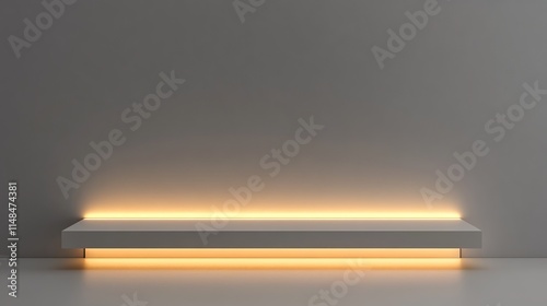 A minimalist shelf with ambient light, background, eleganting against a plain wall, background, mockup, emphasizing simplicity.