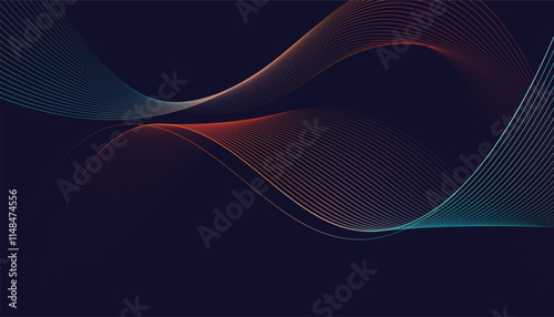 Dark abstract background featuring glowing, flowing wave lines in a modern purple-to-blue gradient. Futuristic design with shiny, smooth motion, perfect for technology-inspired visuals. Vector 