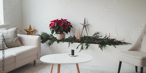 A minimalist Scandinavian living room with a subtle Christmas corner photo