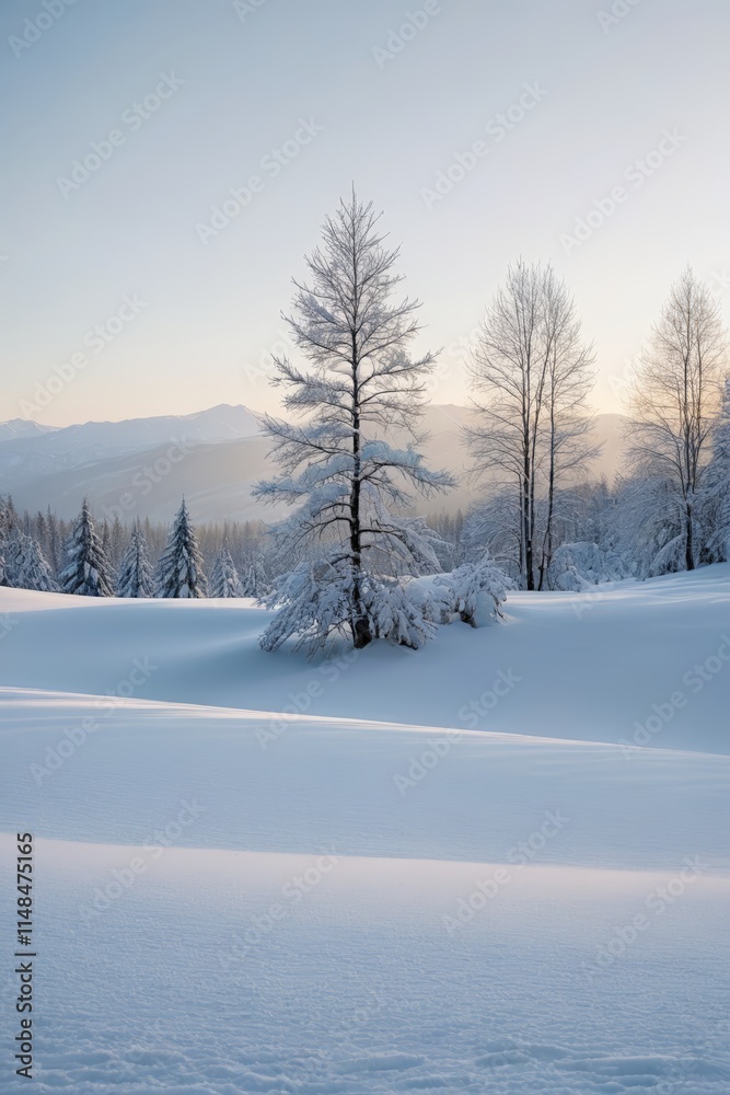 Obraz premium snowy landscape with trees and mountains in the distance