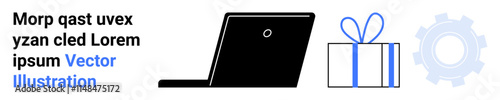 Black laptop, blue gift box, and grey gear illustrations adjacent to placeholder text. Ideal for technology, gifting concepts, machinery themes, software presentations, e-commerce, online shopping