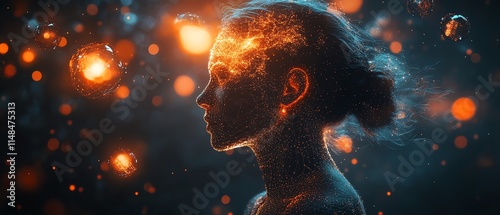 Creative concept of a man with a million ideas, illuminated lightbulbs and futuristic symbols swirling around his head, Generative AI digital art