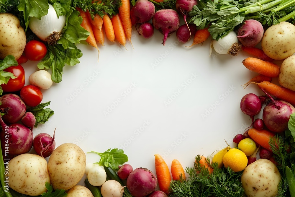 A vibrant arrangement of fresh vegetables framing a blank space for text or design. A vibrant arrangement of fresh vegetables framing a blank space for text or design.