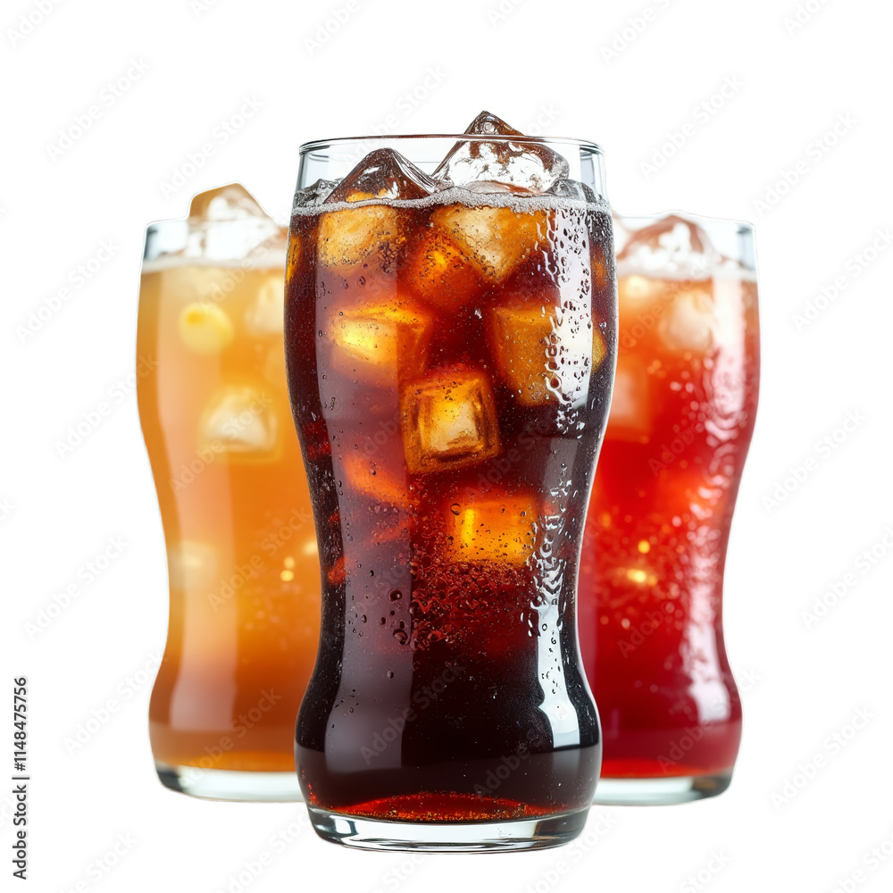 Three frosty glasses of soda pop with ice cubes on a dark background