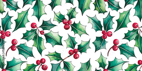 A watercolor style illustration of a holly pattern with red berries