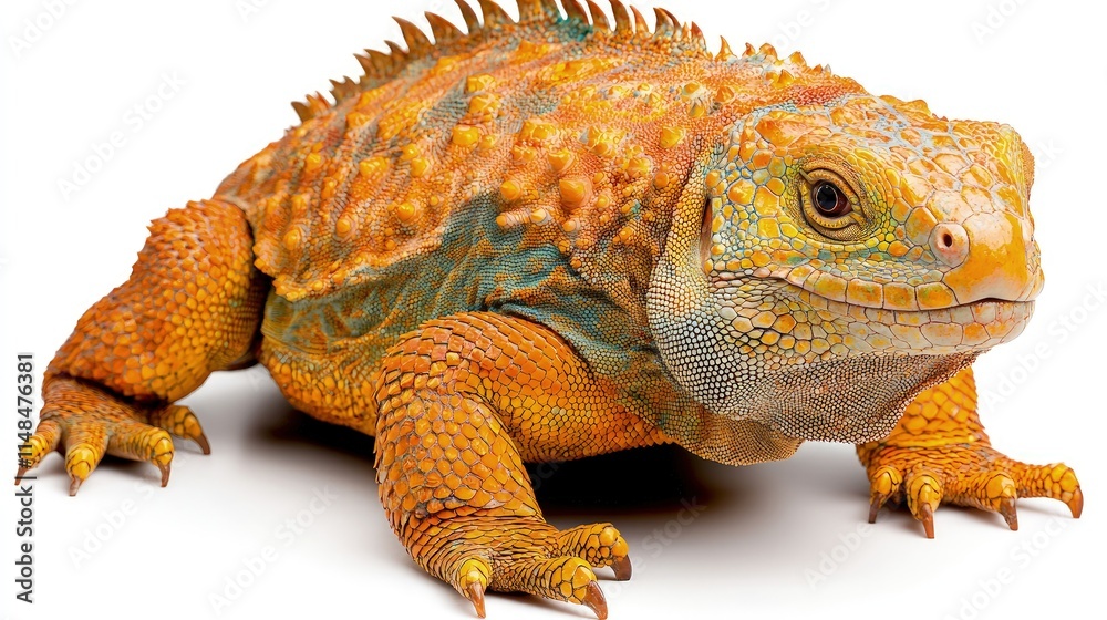 Obraz premium Vibrant orange and teal lizard isolated on white background.