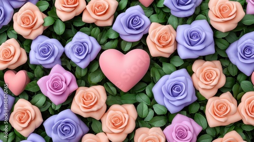 Beautiful Floral Arrangement with Pink Heart Among Colorful Roses and Green Leaves
