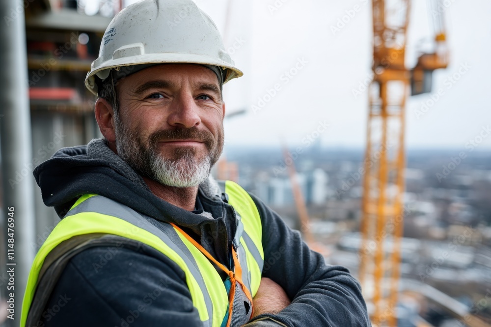 A smiling construction worker in a hard hat and vibrant safety gear stands confidently at a bustling construction site, with cranes and city skyline visible in the background. A smiling construction worker in a hard hat and vibrant safety gear stands confidently at a bustling construction site, with cranes and city skyline visible in the background.