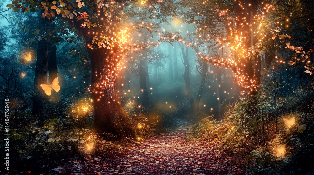Fototapeta premium Enchanting forest pathway illuminated by glowing lights and butterflies at twilight