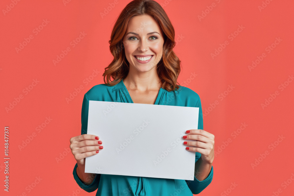 An advertisement studio template portrait photo of a person: a woman with a bright smile on her face, holding a blank sign in her hands against a vibrant red background. An advertisement studio template portrait photo of a person: a woman with a bright smile on her face, holding a blank sign in her hands against a vibrant red background.