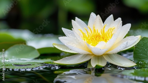 Wallpaper Mural Close-up of a pristine white water lily with yellow center, floating on calm water among green lily pads. Torontodigital.ca