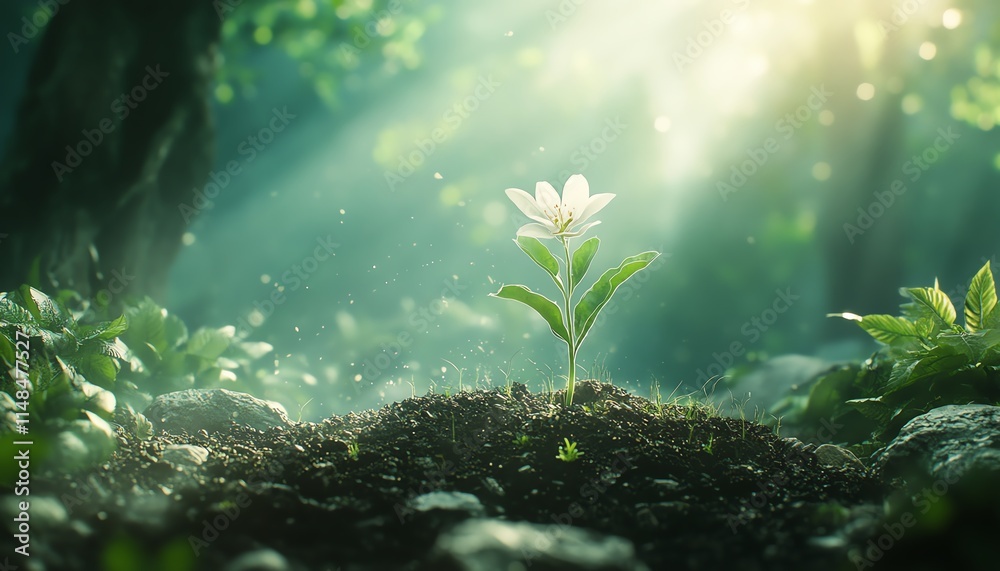 Fototapeta premium Growing new plant emerging from the soil, surrounded by sunlight, natural growth, and flourishing greenery, Generative AI digital art