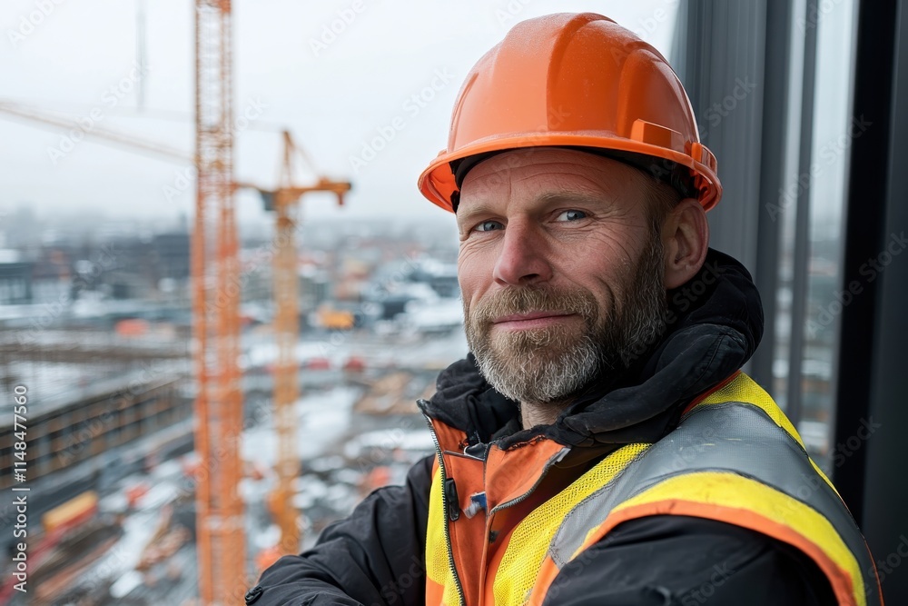 A focused construction worker with an orange hard hat and reflective attire gazes confidently out at the bustling construction site, showcasing his dedication and expertise in the field. A focused construction worker with an orange hard hat and reflective attire gazes confidently out at the bustling construction site, showcasing his dedication and expertise in the field.