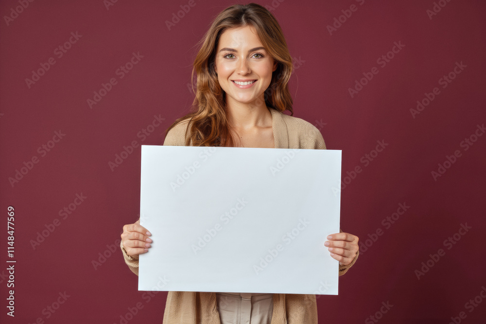 An advertisement studio template portrait photo of a person: a woman with a bright smile on her face, holding a blank white board in her hands against a maroon background. An advertisement studio template portrait photo of a person: a woman with a bright smile on her face, holding a blank white board in her hands against a maroon background.