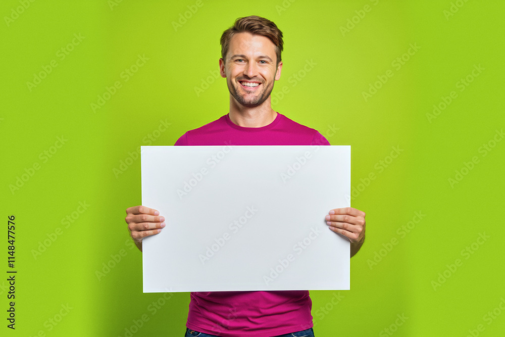 An advertisement studio template portrait photo of a person: a man wearing a pink t-shirt and blue jeans, with a bright smile on his face, holding a blank white sign against a green background. An advertisement studio template portrait photo of a person: a man wearing a pink t-shirt and blue jeans, with a bright smile on his face, holding a blank white sign against a green background.