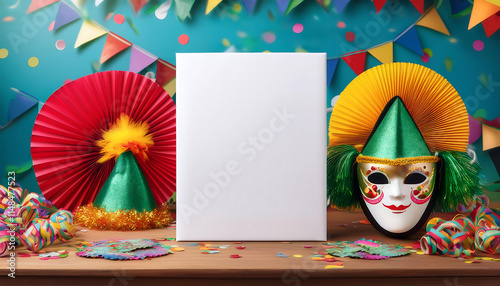 A blank white magazine cover mock up stands upright on a polished wooden table, surrounded by colorful party decorations, bringing a festive atmosphere full of creativity and fun photo