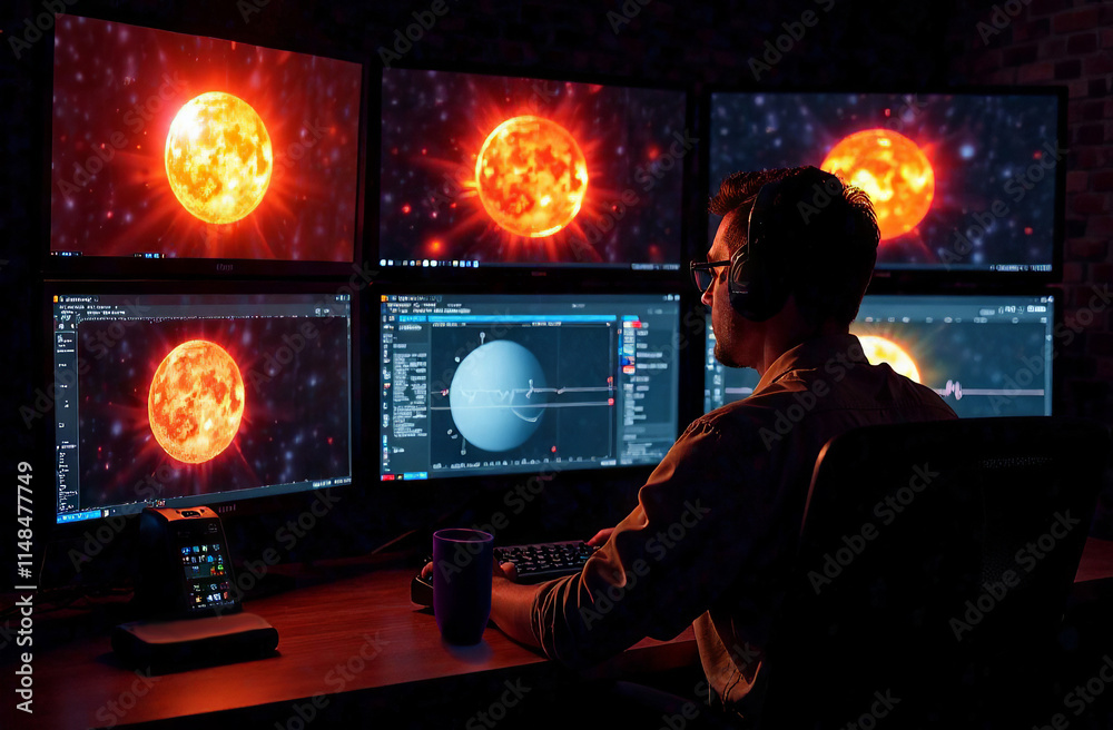 A professional IT specialist and space station engineer work at a computer in a control room, where large screens display planets, the sun, and diagrams. They monitor the movement of bodies in space. A professional IT specialist and space station engineer work at a computer in a control room, where large screens display planets, the sun, and diagrams. They monitor the movement of bodies in space.