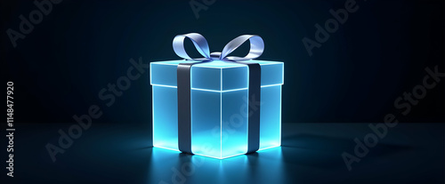 A luminous blue gift box, elegantly tied with a silver ribbon, glows mysteriously in the dark, promising a magical surprise. photo