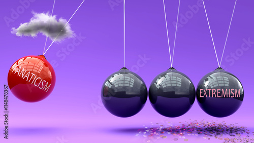 Fanaticism leads to extremism. A Newton cradle metaphor showing how fanaticism triggers extremism. Cause and effect relation between them. Vicious cycle ,3d illustration