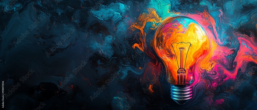 Fototapeta premium Liquid glass lightbulb filled with vibrant colors, symbolizing a burst of creativity and innovative ideas, glowing in a dark, artistic background, Generative AI digital art
