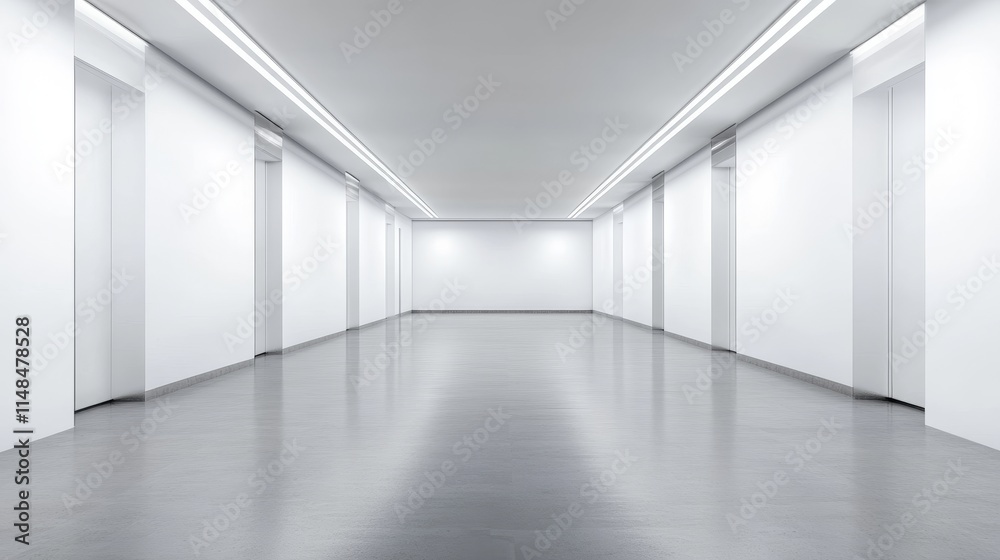 A spacious, minimalist gallery with white wall, background, mockups and polished flooring, ideal for exhibitions. A spacious, minimalist gallery with white wall, background, mockups and polished flooring, ideal for exhibitions.